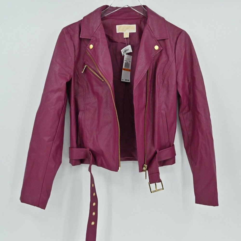 NEW MICHAEL MICHAEL KORS Women's Sz S Burgundy Biker Vegan Leather Moto Jacket - Picture 6 of 11